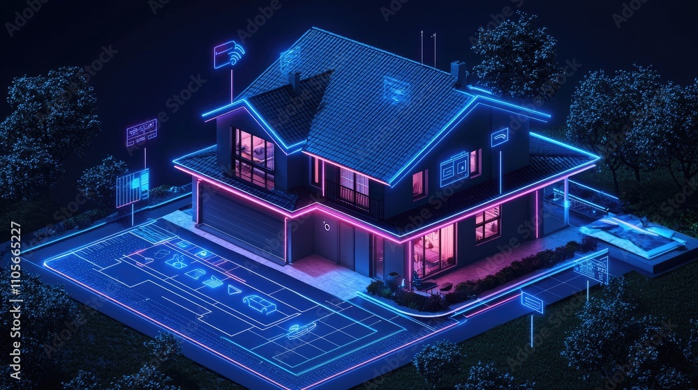 Poster 3d blueprint plan of smart home with icons iot devices. smart home conceptual banner. building house