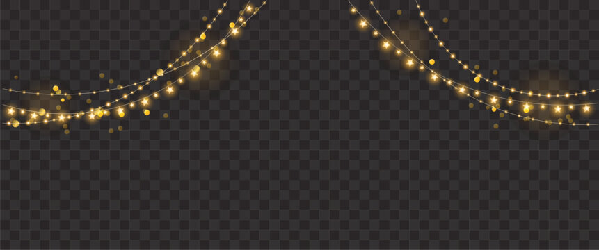 Christmas lights star isolated on trasparent background. Glowing lights design elements. Golden garlands xmas decorations.