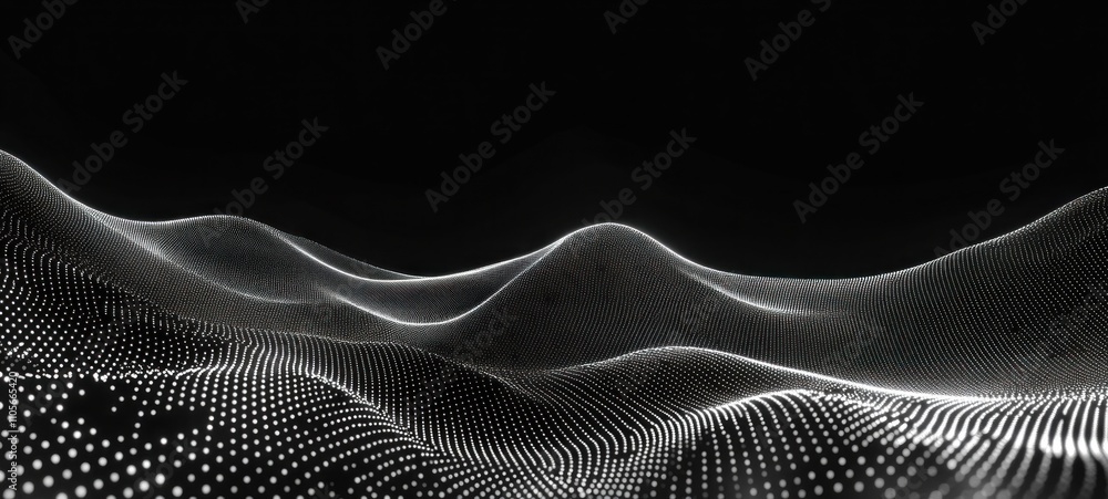 Poster abstract digital landscape: a mesmerizing monochrome wave of data points forming a serene, undulatin