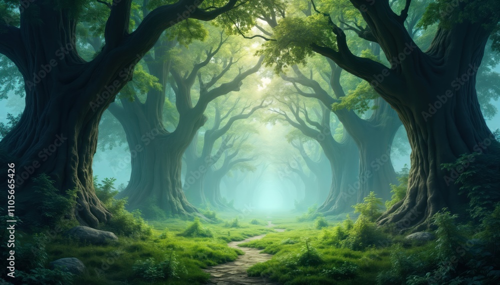 Poster mystical forest path winds through ancient trees. green grass, fog create dreamy atmosphere. majesti