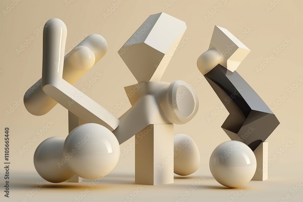 Fototapete abstract geometric shapes in beige background. modern design. interconnected forms. 3d figures. play