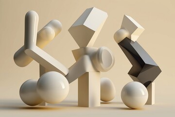 Abstract geometric shapes in beige background. Modern design. Interconnected forms. 3D figures. Playful composition. Abstract art. Geometric design. Dynamic arrangement. Stylish image. Trendy