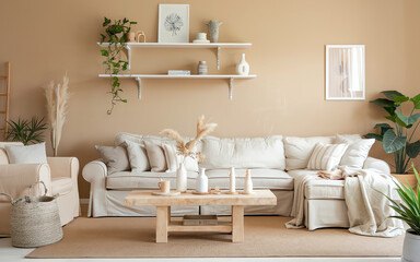 Cozy living room with neutral tones and natural decor showcasing comfort and style