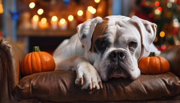 peaceful all white boxer, thin e lies on a vintage armchair in a softly blurred