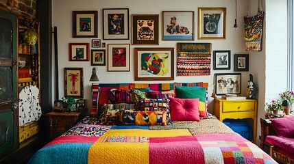Artistic Eclectic Bedroom with Bold Patchwork Quilt and Bright Accents
