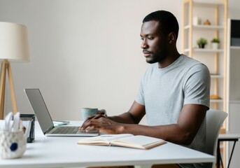 Focused african male adult working on laptop in modern home office