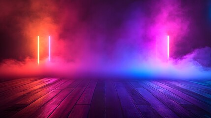 Fototapeta premium Neon Lights Illuminate Smoky Wooden Floor
