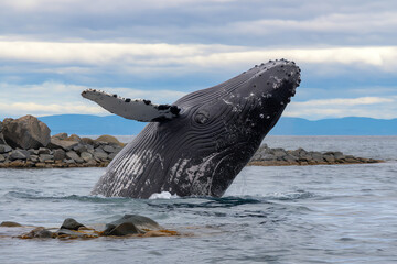 Fototapeta premium Humpback whale breaching near rocky coastline on an overcast day in the ocean