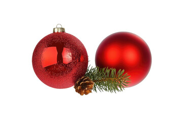 fir tree branch with two red christmas balls isolated on transparent or white background