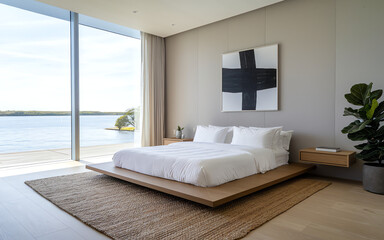 Modern bedroom with large windows offering waterfront view in a serene location
