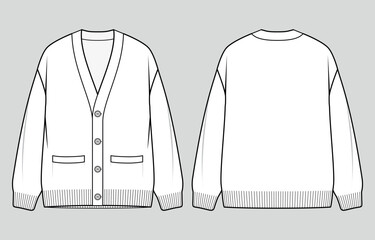 Men's v-neck knit cardigan. Button placket jumper. Vector technical sketch. Mockup template.