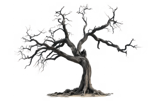 twisted bare tree with gnarled branches isolated on transparent or white background