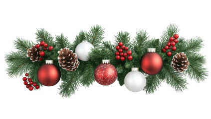 christmas branches border with christmas decorations on transparent or white background