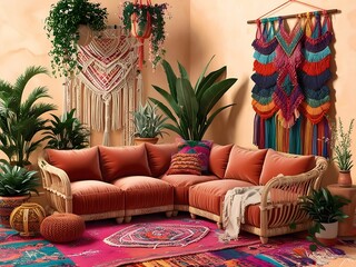 Bohemian Living Room Decor With Colorful Textiles and Plants