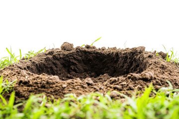 freshly dug earth hole in the ground surrounded by green grass isolated on transparent or white background