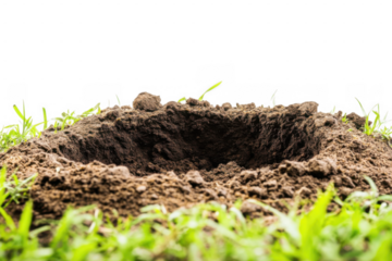 freshly dug earth hole in the ground surrounded by green grass isolated on transparent or white background