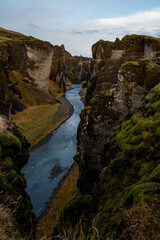 Mountain river in Fjadrargljufur Canyon. Travel to Iceland. Beautiful scenery. Icelandic landscape.