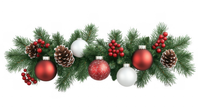 christmas branches border with christmas decorations on transparent or white background