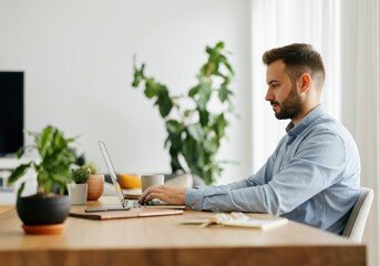 Caucasian young adult male working on laptop at home office with plants