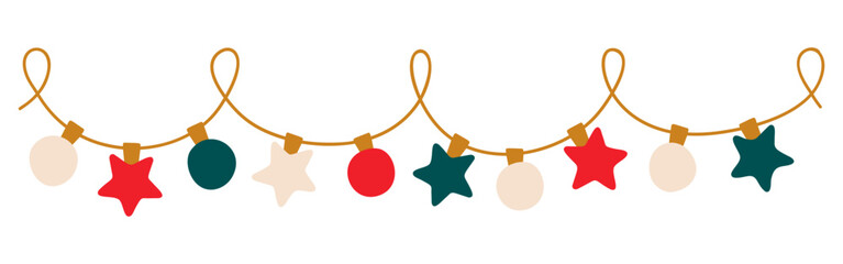 Christmas lights garland with colored star and bulbs. Xmas festive string decoration with hanging retro ball. Glowing string with lamps for holiday cards, banners, posters, web. Vector illustration.