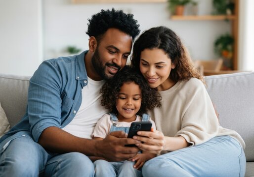 Happy multiethnic family enjoying time together on couch