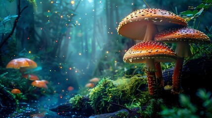 Fantastical setting with luminous fungi and a mysterious jungle
