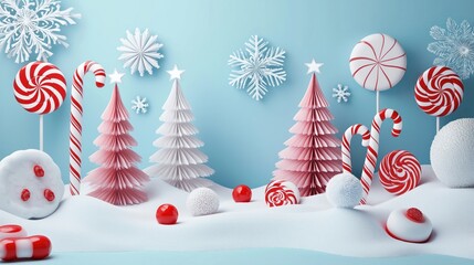 Pastel Christmas candy land scene. Paper art style trees and snowflakes. Red and white candies and lollipops. Winter wonderland with snow. Holiday concept.