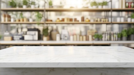 Empty white marble table top. Blurred background of kitchen restaurant interior. Display mockup for food product presentation. Modern minimalist style. Ideal for items on clean elegant surface.
