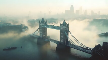 Tower Bridge London in Morning Mist Skyline View