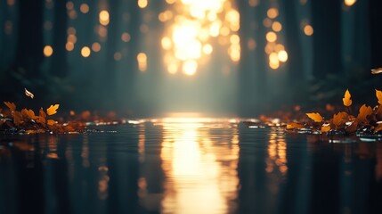 A tranquil forest scene with golden light filtering through trees, reflecting on water and scattered autumn leaves, Ideal for nature themes, wellness projects, and seasonal marketing,