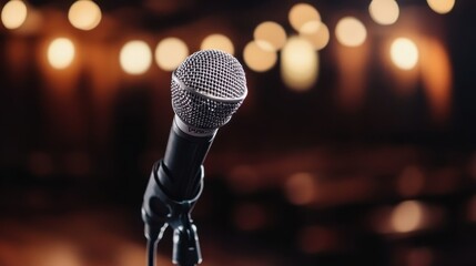Singer warming up backstage before a performance, microphone in hand, soft lighting, focused and calm expression, stage curtains in the background, professional setting, copy space