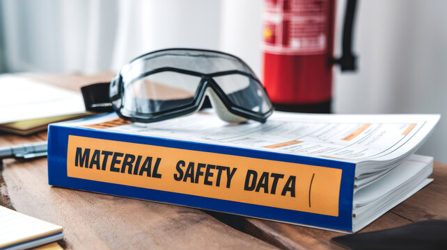 A binder labeled "Material Safety Data" sits on a desk, accompanied by safety goggles, highlighting workplace safety and compliance.