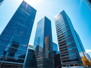 Fototapeta premium Modern skyscrapers under bright blue sky in a vibrant urban landscape