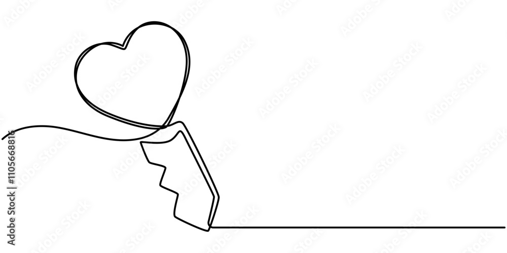 Poster Love Keys Black Stroke Linear Icon, Continuous one line drawing of a heart shaped lock and key. Vector illustration, Key with heart in single continuous line. One line drawing. Line icon. Old key. 