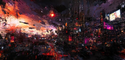 Obraz premium Cyberpunk Metropolis Night Scene Futuristic Cityscape Flying Vehicles Holographic Billboards