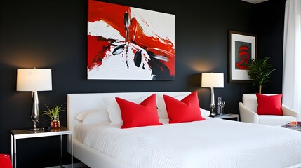 Modern Bedroom with Black Walls, Red Details, and Minimalist Lighting