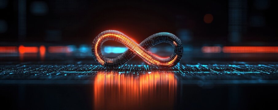 Glowing arrows in dynamic infinity loop abstract digital space - Powered by Adobe