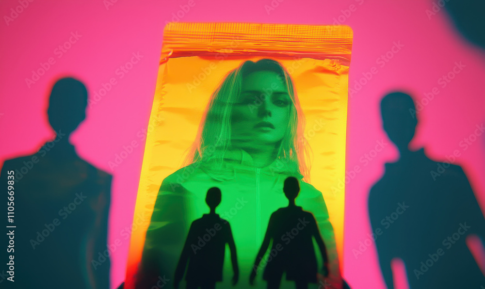 Poster exploring the vibrant interplay of identity and perception in a surreal neon reflection with silhoue