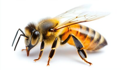 Close up Macro Shot of a Busy Honeybee Insect with Striped Body and Wings on a White Background