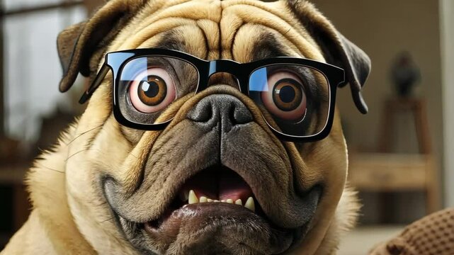 Funny surprised pug dog wearing eyeglasses making a goofy face