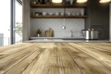 A kitchen with a wooden countertop and a pot on it. The kitchen is well-lit and has a warm, inviting atmosphere.