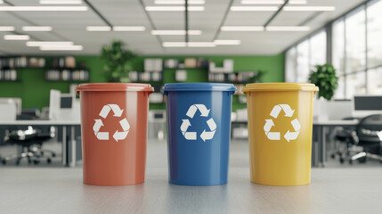 Three recycling bins in an office setting, promoting eco-friendly practices with a modern aesthetic and greenery in the background.