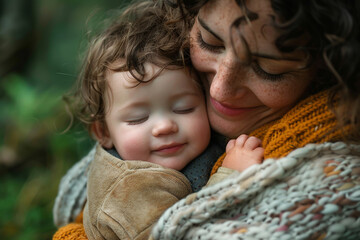 Obraz premium A smiling woman is holding a sleeping baby. Portrait of a happy mother with a European appearance, holding a sleeping child in her arms