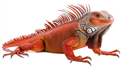 Obraz premium Vibrant Red Scaled Iguana Reptile With Sharp Claws In Close Up Portrait On White Background