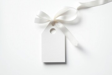 Blank white gift tag with ribbon on white background. Simple design for product gift tags. Elegant, minimalist presentation. Versatile mockup for branding, design purposes. Suitable for various