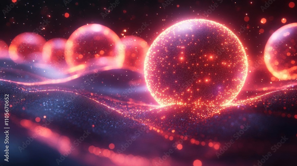 Poster intricate glowing mesh spheres with cascading neon light trails, dynamic particle depth, and reflect