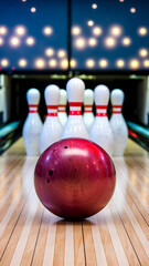 Shiny red bowling ball rests on the lane, pins lined in a triangular formation Vertical Mobile Wallpaper
