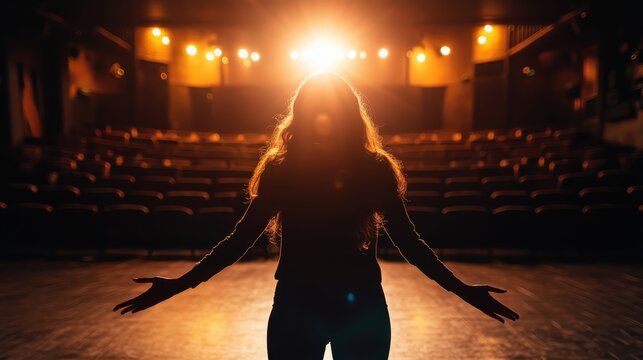 Actor rehearsing lines on stage in a dimly lit theater