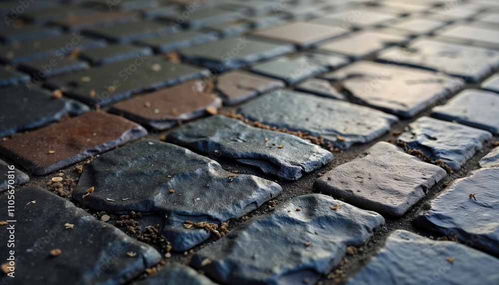 Poster Closeup view of textured stone tiles. Patterned, multi-colored tiles create decorative surface. Stone surface suggests possible use for kitchen interior design. Different shades of gray, brown make