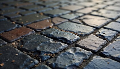 Closeup view of textured stone tiles. Patterned, multi-colored tiles create decorative surface. Stone surface suggests possible use for kitchen interior design. Different shades of gray, brown make